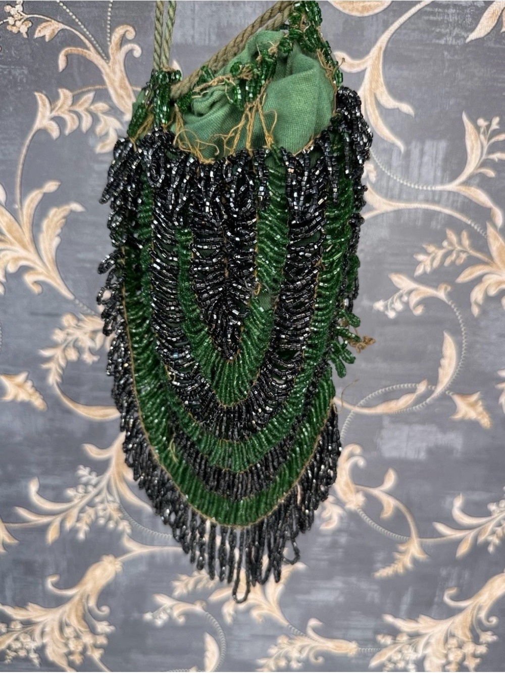 Vintage Green Black Micro Beaded Drawstring Purse Fringe Deco Style